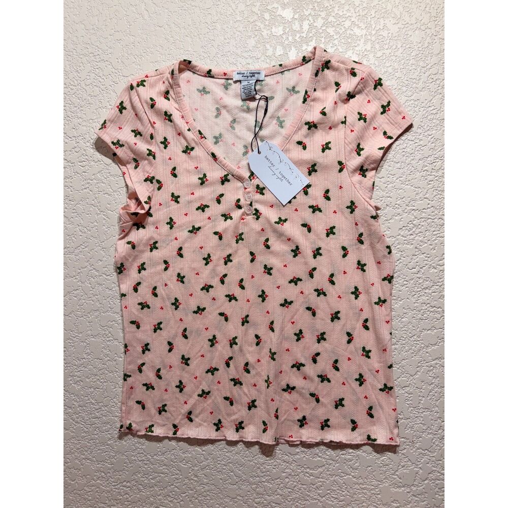 Better Together Pink Holly Holiday Pajama Top Size M
